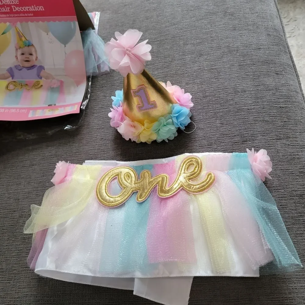 Girls My 1st birthday 3pc  starter pack Hat pastel Bib high chair skirt…